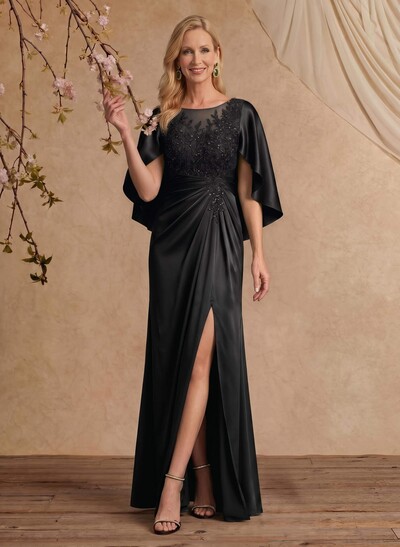 Column Scoop Neck Cape Sleeve Floor-Length Charmeuse Mother of the Bride Dress with Lace Appliqués and High Split