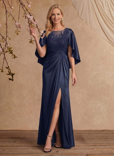 Sheath/Column Scoop Neck Cape Sleeves Floor-Length Charmeuse Mother Of The Bride Dresses With Appliques Lace/High Split