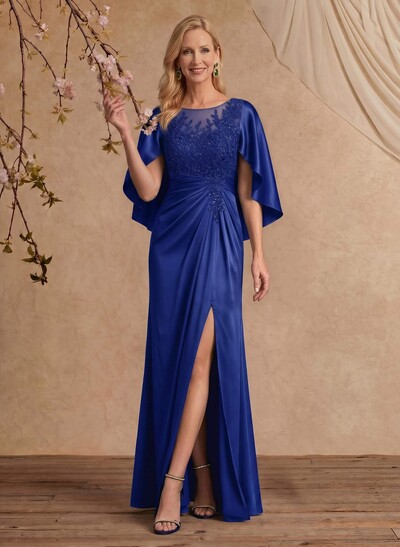 Sheath/Column Scoop Neck Cape Sleeves Floor-Length Charmeuse Mother Of The Bride Dresses With Appliques Lace/High Split