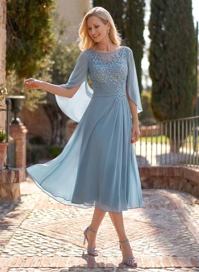 A-Line Scoop Neck Cape Sleeves Tea-Length Chiffon Mother Of The Bride Dresses With Appliques Lace