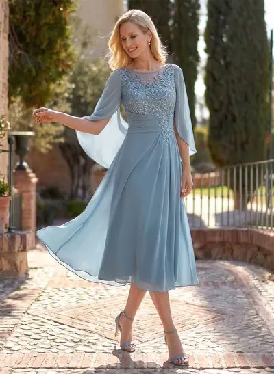 A-Line Scoop Neck Cape Sleeves Tea-Length Chiffon Mother Of The Bride Dresses With Appliques Lace