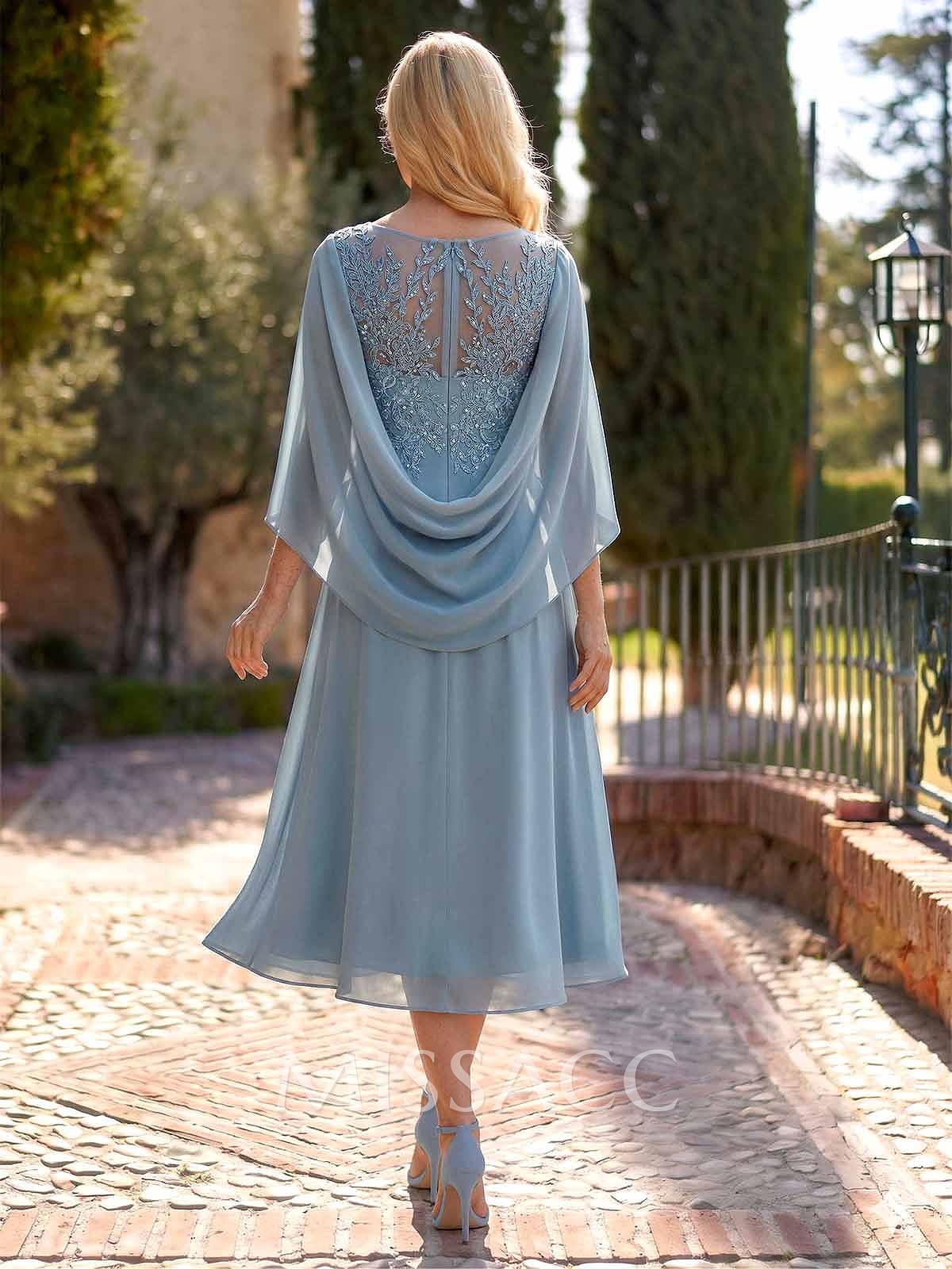 A-Line Scoop Neck Cape Sleeves Tea-Length Chiffon Mother Of The Bride Dresses With Appliques Lace