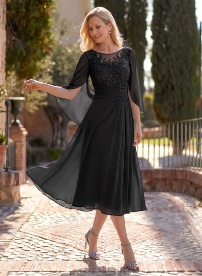 A-Line Scoop Neck Cape Sleeves Tea-Length Chiffon Mother Of The Bride Dresses With Appliques Lace