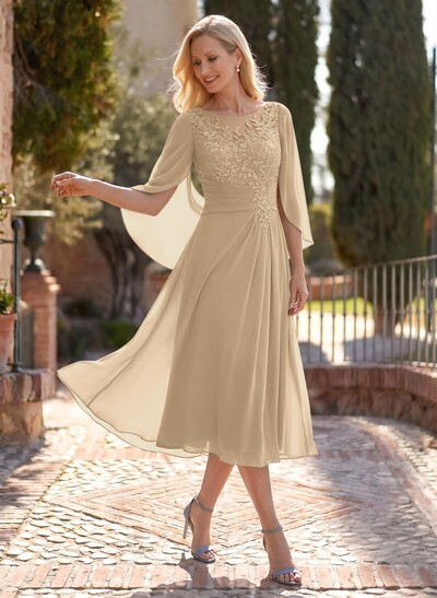 A-Line Scoop Neck Cape Sleeves Tea-Length Chiffon Mother Of The Bride Dresses With Appliques Lace