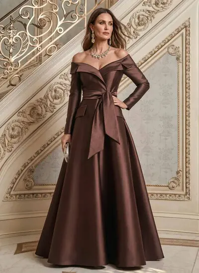 A-Line Off-The-Shoulder Long Sleeves Floor-Length Satin Mother Of The Bride Dresses With Bow(s)