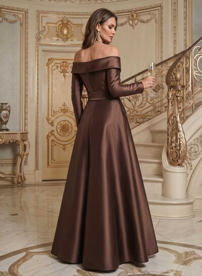 A-Line Off-The-Shoulder Long Sleeves Floor-Length Satin Mother Of The Bride Dresses With Bow(s)