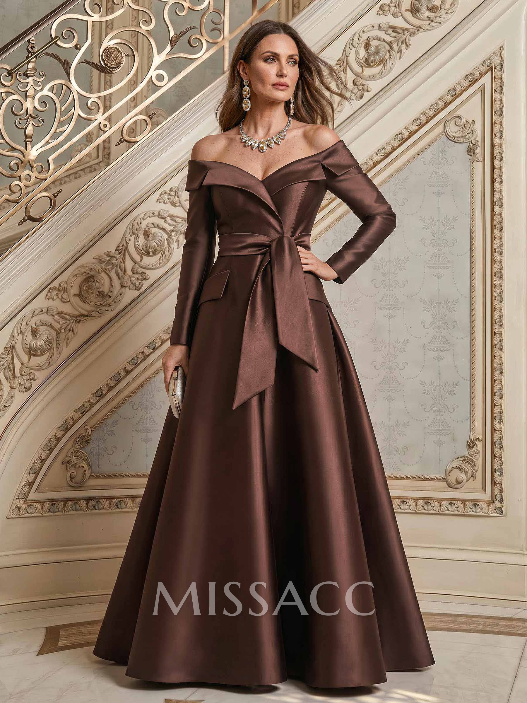 A-Line Off-The-Shoulder Long Sleeves Floor-Length Satin Mother Of The Bride Dresses With Bow(s)