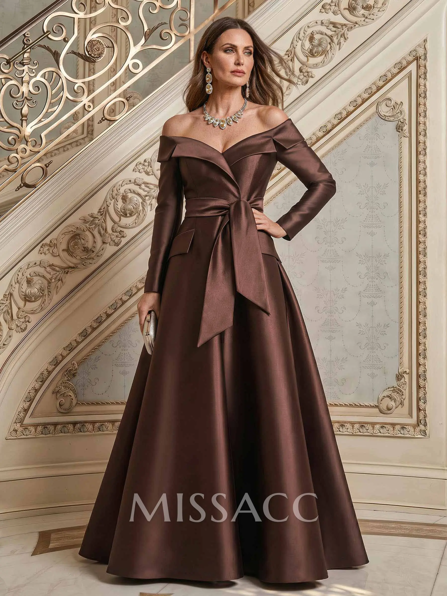 A-Line Off-The-Shoulder Long Sleeves Floor-Length Satin Mother Of The Bride  Dresses With Bow(s) - Missacc