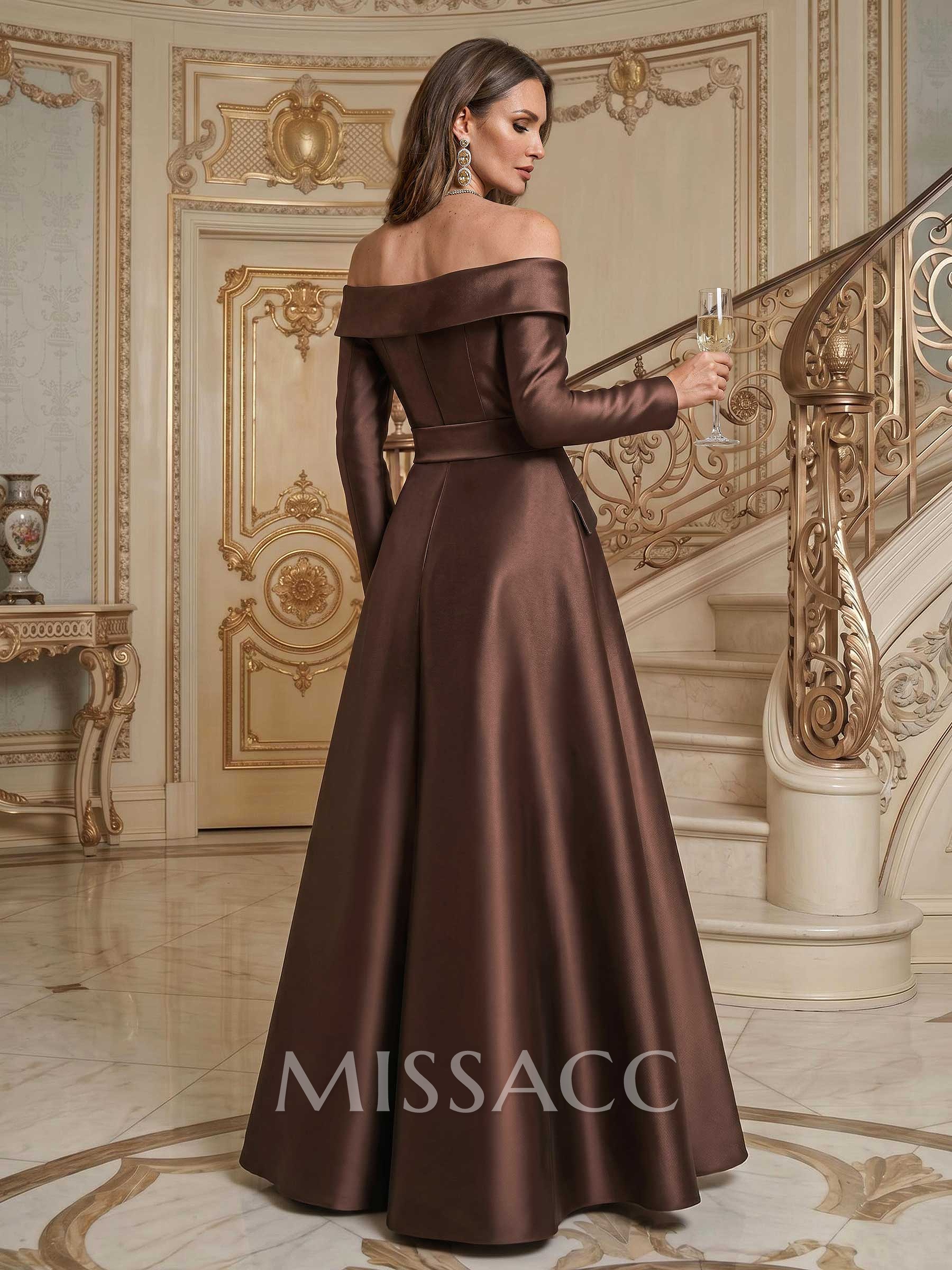 A-Line Off-The-Shoulder Long Sleeves Floor-Length Satin Mother Of The Bride Dresses With Bow(s)
