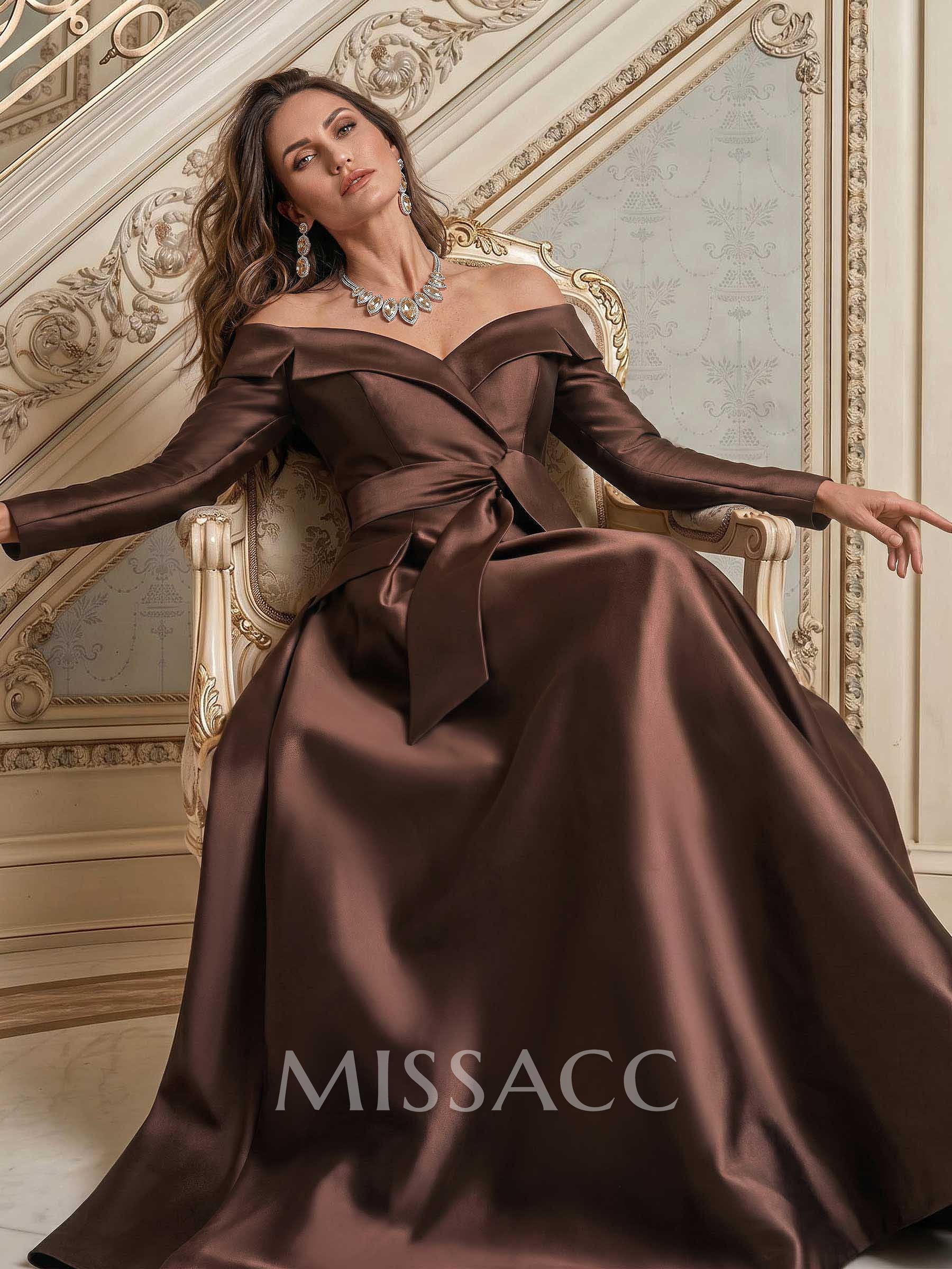 A-Line Off-The-Shoulder Long Sleeves Floor-Length Satin Mother Of The Bride Dresses With Bow(s)