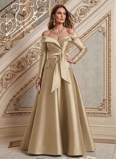 A-Line Off-The-Shoulder Long Sleeves Floor-Length Satin Mother Of The Bride Dresses With Bow(s)
