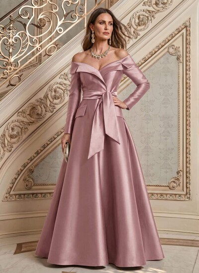 A-Line Off-The-Shoulder Long Sleeve Maxi Satin Mother of the Bride Dress with Bow Detail