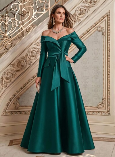A-Line Off-The-Shoulder Long Sleeves Floor-Length Satin Mother Of The Bride Dresses With Bow(s)
