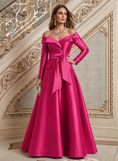 A-Line Off-The-Shoulder Long Sleeve Maxi Satin Mother of the Bride Dress with Bow Detail