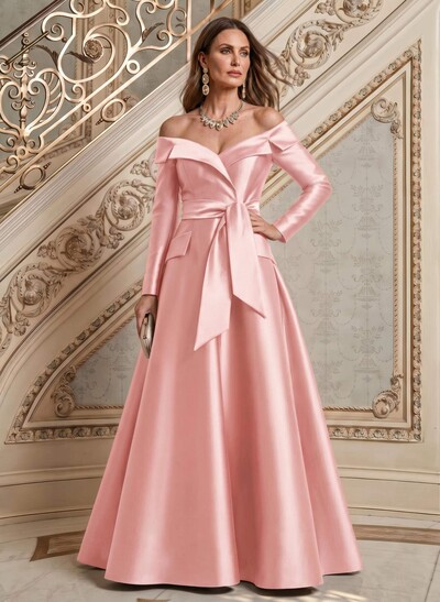 A-Line Off-The-Shoulder Long Sleeves Floor-Length Satin Mother Of The Bride Dresses With Bow(s)
