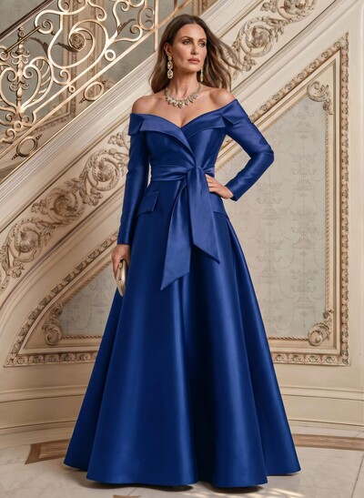 A-Line Off-The-Shoulder Long Sleeves Floor-Length Satin Mother Of The Bride Dresses With Bow(s)