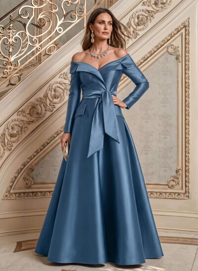 A-Line Off-The-Shoulder Long Sleeve Floor-Length Satin Mother of the Bride Dress with Bows