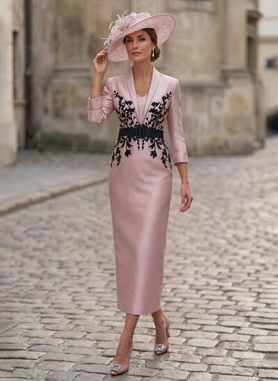 Sheath/Column V-Neck 3/4 Sleeves Tea-Length Satin Mother Of The Bride Dresses With Appliques Lace/Back Slit