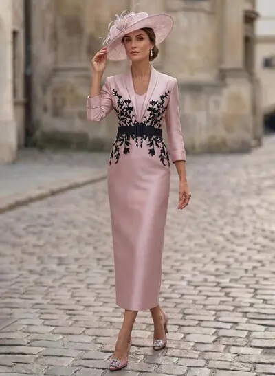 Sheath/Column V-Neck 3/4 Sleeves Tea-Length Satin Mother Of The Bride Dresses With Appliques Lace/Back Slit