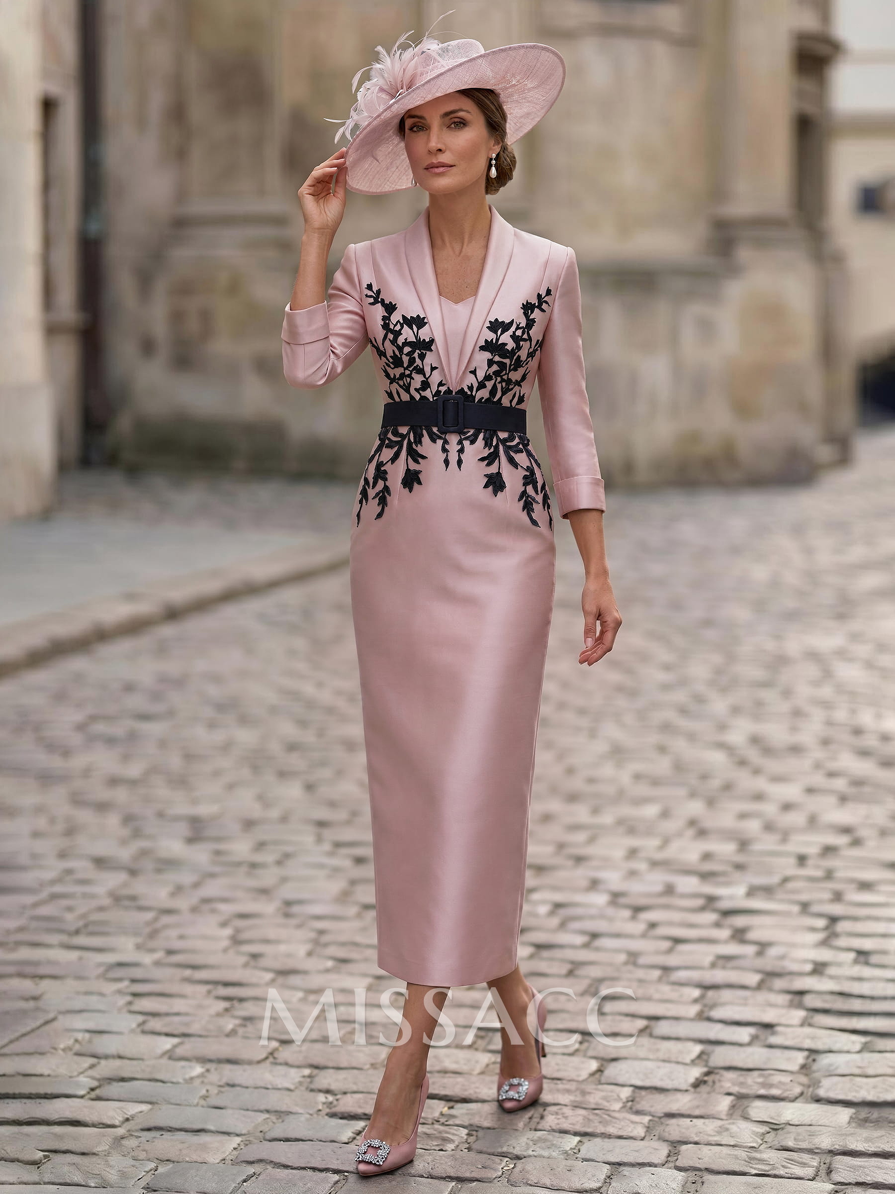 Sheath/Column V-Neck 3/4 Sleeves Tea-Length Satin Mother Of The Bride Dresses With Appliques Lace/Back Slit