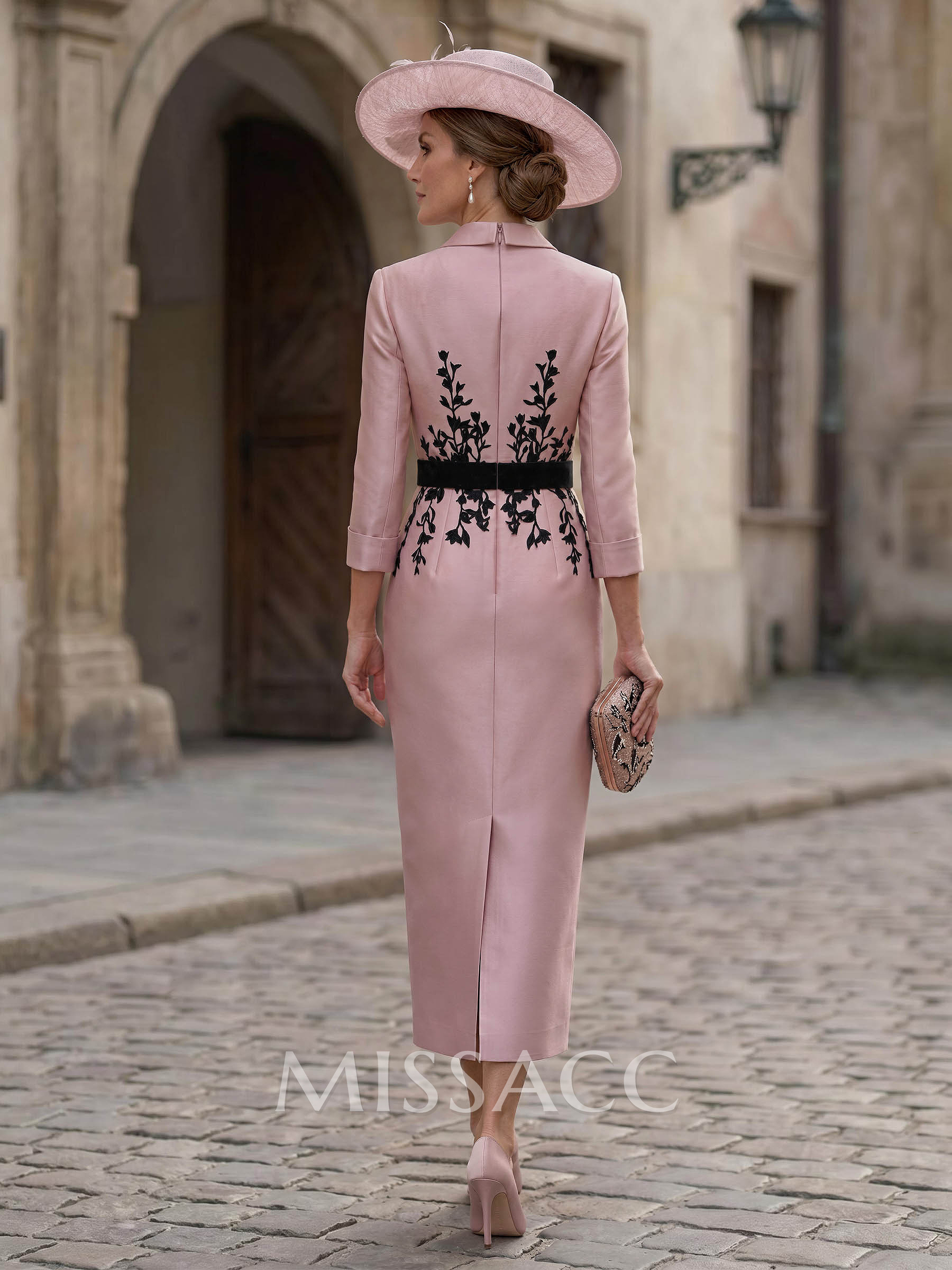Sheath/Column V-Neck 3/4 Sleeves Tea-Length Satin Mother Of The Bride Dresses With Appliques Lace/Back Slit