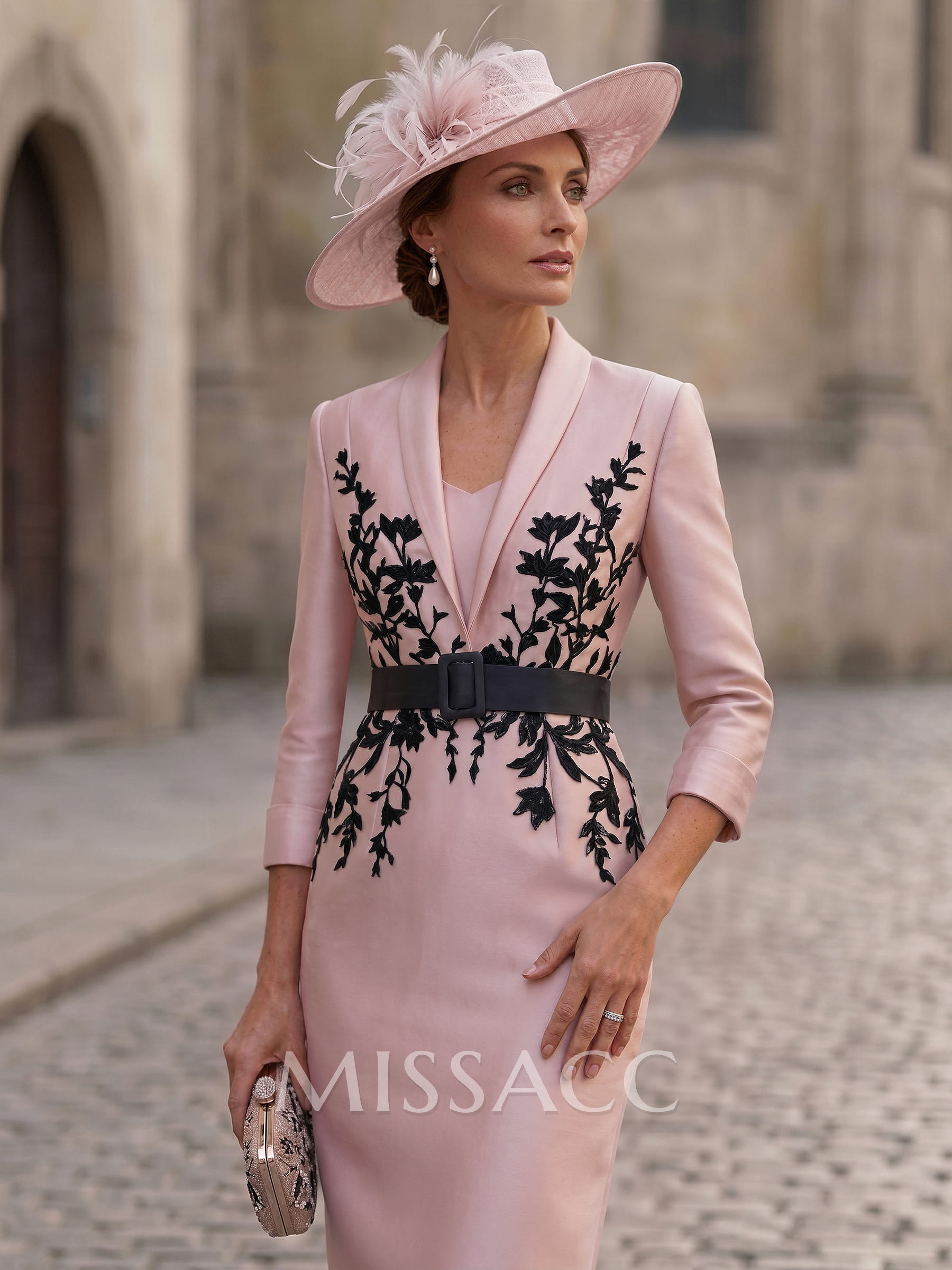 Sheath/Column V-Neck 3/4 Sleeves Tea-Length Satin Mother Of The Bride Dresses With Appliques Lace/Back Slit