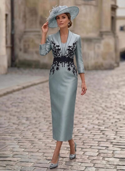 Sheath/Column V-Neck 3/4 Sleeves Tea-Length Satin Mother Of The Bride Dresses With Appliques Lace/Back Slit