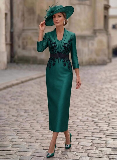 Sheath/Column V-Neck 3/4 Sleeves Tea-Length Satin Mother Of The Bride Dresses With Appliques Lace/Back Slit