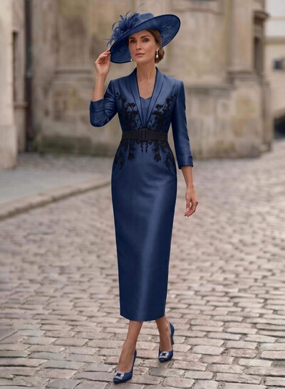 Sheath/Column V-Neck 3/4 Sleeves Tea-Length Satin Mother Of The Bride Dresses With Appliques Lace/Back Slit