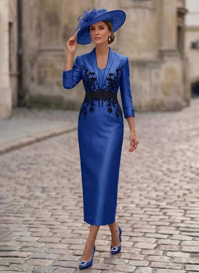 Sheath/Column V-Neck 3/4 Sleeves Tea-Length Satin Mother Of The Bride Dresses With Appliques Lace/Back Slit