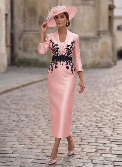 Sheath/Column V-Neck 3/4 Sleeves Tea-Length Satin Mother Of The Bride Dresses With Appliques Lace/Back Slit