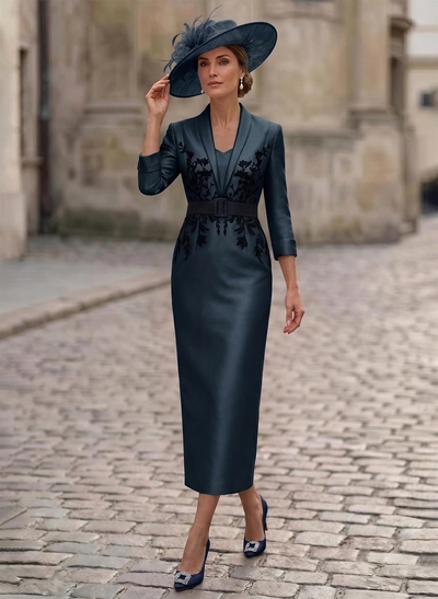 Sheath/Column V-Neck 3/4 Sleeves Tea-Length Satin Mother Of The Bride Dresses With Appliques Lace/Back Slit