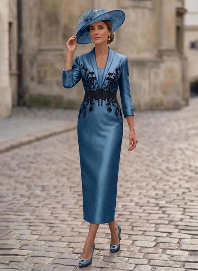 Sheath/Column V-Neck 3/4 Sleeves Tea-Length Satin Mother Of The Bride Dresses With Appliques Lace/Back Slit