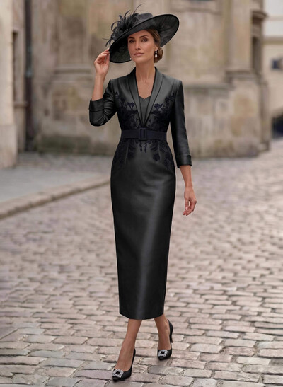 Sheath/Column V-Neck 3/4 Sleeves Tea-Length Satin Mother Of The Bride Dresses With Appliques Lace/Back Slit