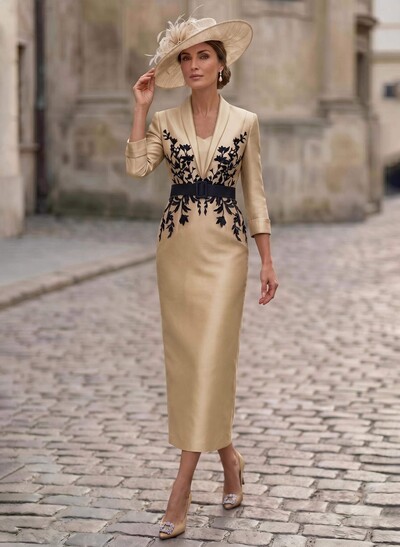 Sheath/Column V-Neck 3/4 Sleeves Tea-Length Satin Mother Of The Bride Dresses With Appliques Lace/Back Slit