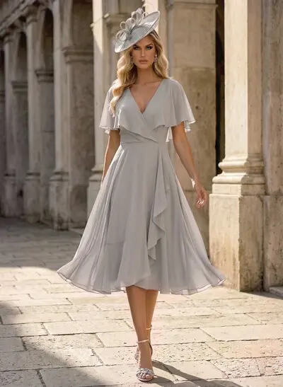 A-Line V-Neck Cape Sleeves Knee-Length Chiffon Mother Of The Bride Dresses With Ruffle