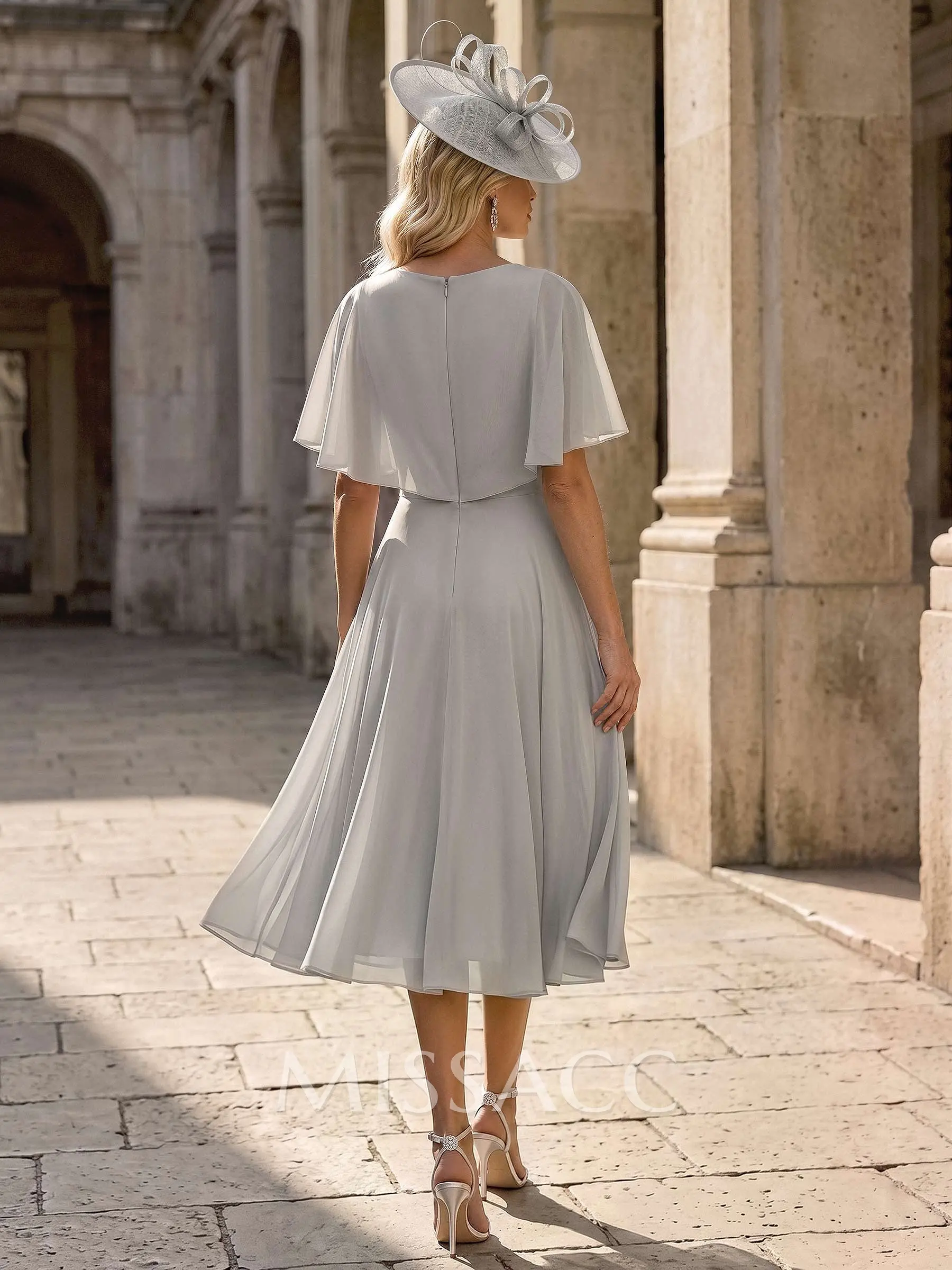 A-Line V-Neck Cape Sleeves Knee-Length Chiffon Mother Of The Bride Dresses  With Ruffle - Missacc France
