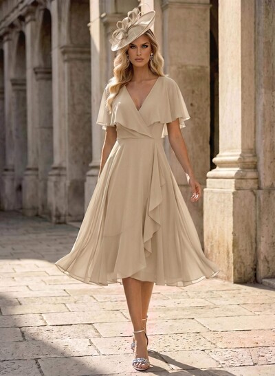 A-Line V-Neck Cape Sleeves Knee-Length Chiffon Mother Of The Bride Dresses With Ruffle