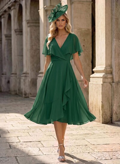 A-Line V-Neck Cape Sleeves Knee-Length Chiffon Mother Of The Bride Dresses With Ruffle