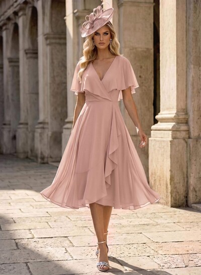 A-Line V-Neck Cape Sleeves Knee-Length Chiffon Mother Of The Bride Dresses With Ruffle
