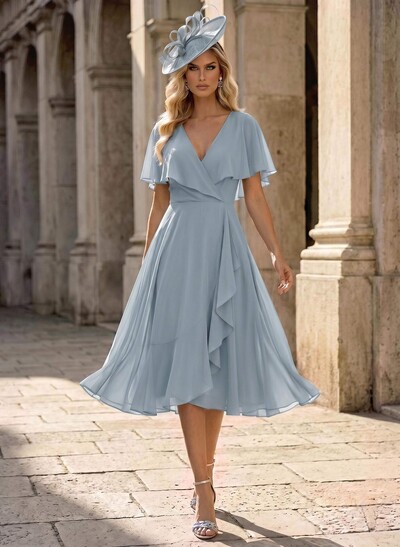 A-Line V-Neck Cape Sleeves Knee-Length Chiffon Mother Of The Bride Dresses With Ruffle
