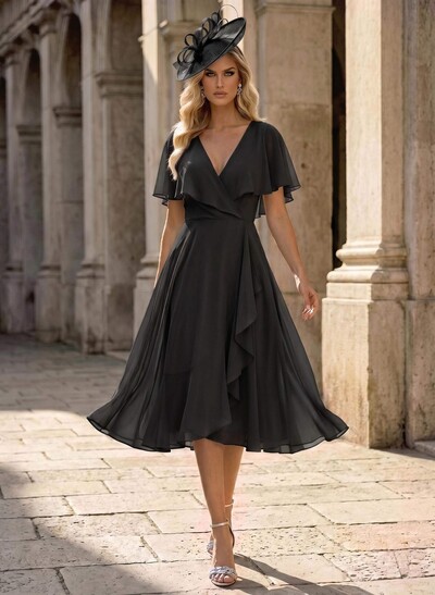 A-Line V-Neck Cape Sleeves Knee-Length Chiffon Mother Of The Bride Dresses With Ruffle