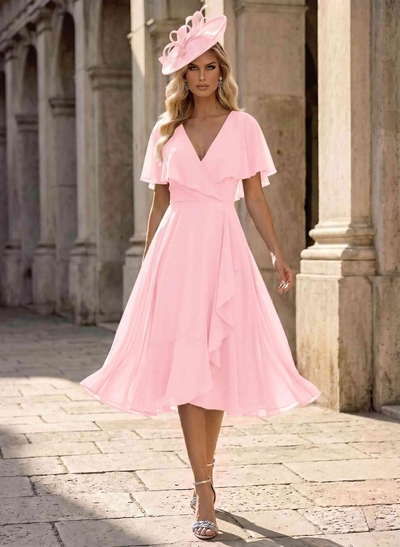 A-Line V-Neck Cape Sleeves Knee-Length Chiffon Mother Of The Bride Dresses With Ruffle