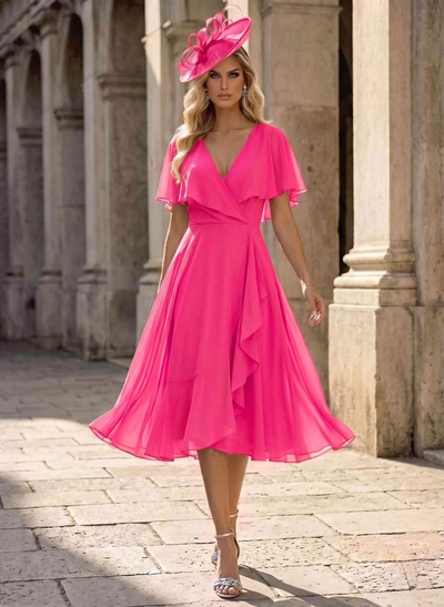 A-Line V-Neck Cape Sleeves Knee-Length Chiffon Mother Of The Bride Dresses With Ruffle