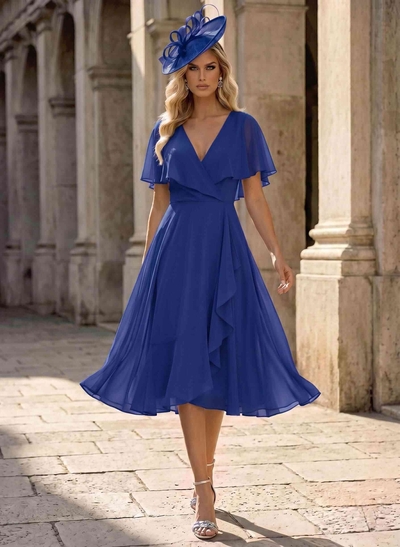 A-Line V-Neck Cape Sleeves Knee-Length Chiffon Mother Of The Bride Dresses With Ruffle