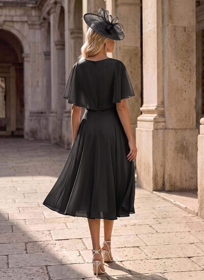 A-Line V-Neck Cape Sleeves Knee-Length Chiffon Mother Of The Bride Dresses With Ruffle