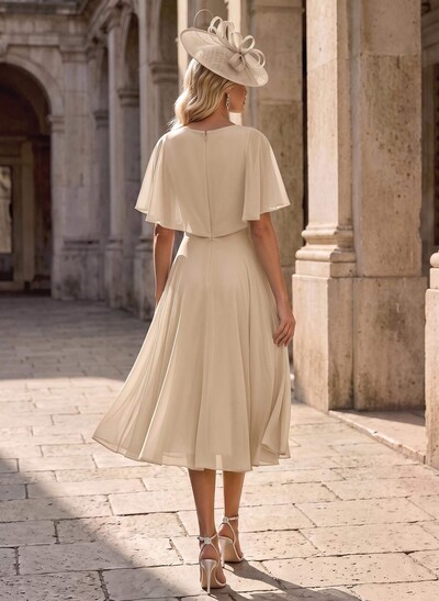 A-Line V-Neck Cape Sleeves Knee-Length Chiffon Mother Of The Bride Dresses With Ruffle