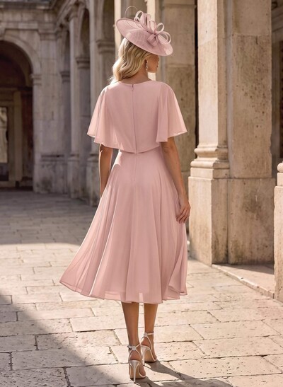 A-Line V-Neck Cape Sleeves Knee-Length Chiffon Mother Of The Bride Dresses With Ruffle