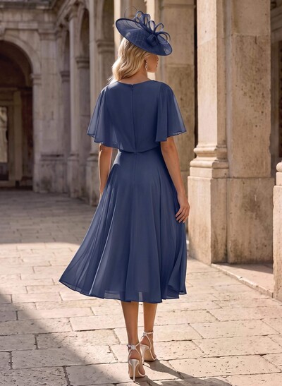 A-Line V-Neck Cape Sleeves Knee-Length Chiffon Mother Of The Bride Dresses With Ruffle