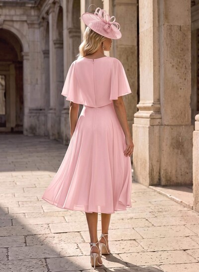 A-Line V-Neck Cape Sleeves Knee-Length Chiffon Mother Of The Bride Dresses With Ruffle
